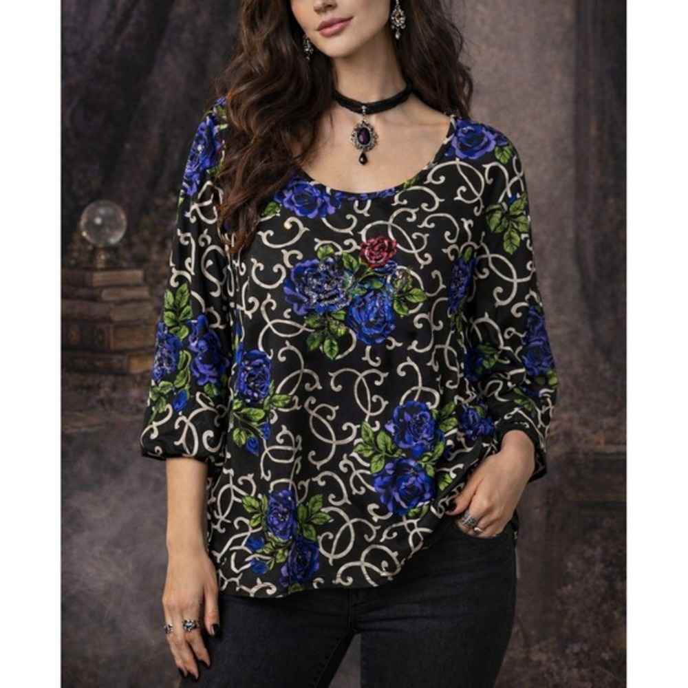 Whimsigoth Dark Romantic Rose Floral Tunic Top Women 4X Black‎ Blue Sequins NWOT